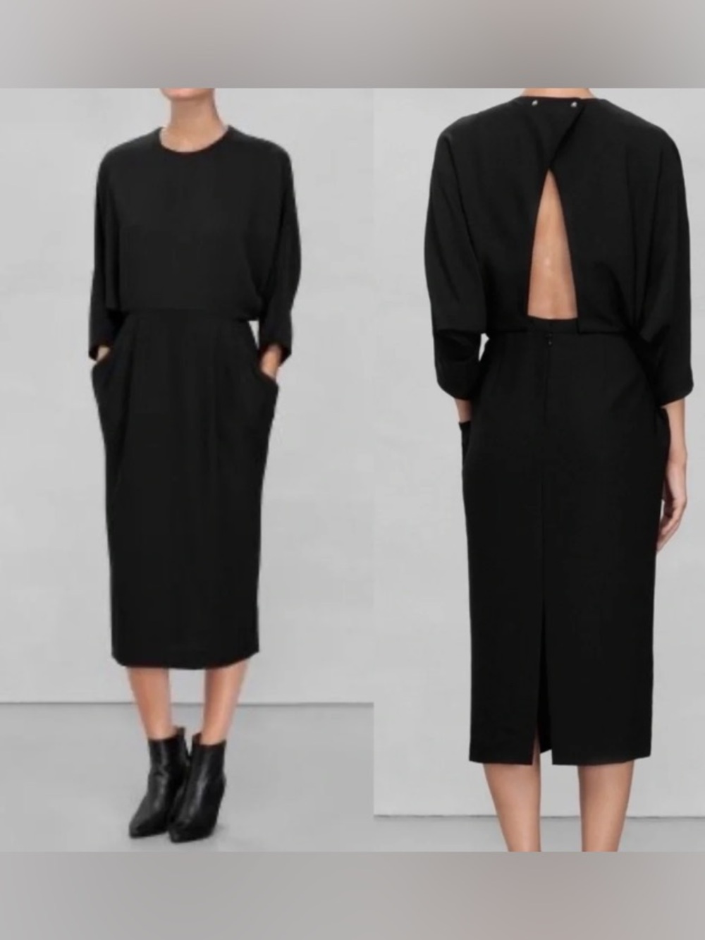 &Otherstories black long dolman sleeve black midi dress